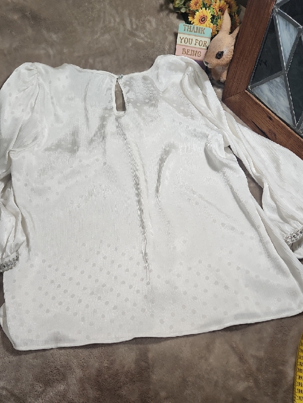🐦NY Collection White Semi-Sheer Dot-Texture Blouse with Beaded Cuffs - Picture 7 of 9